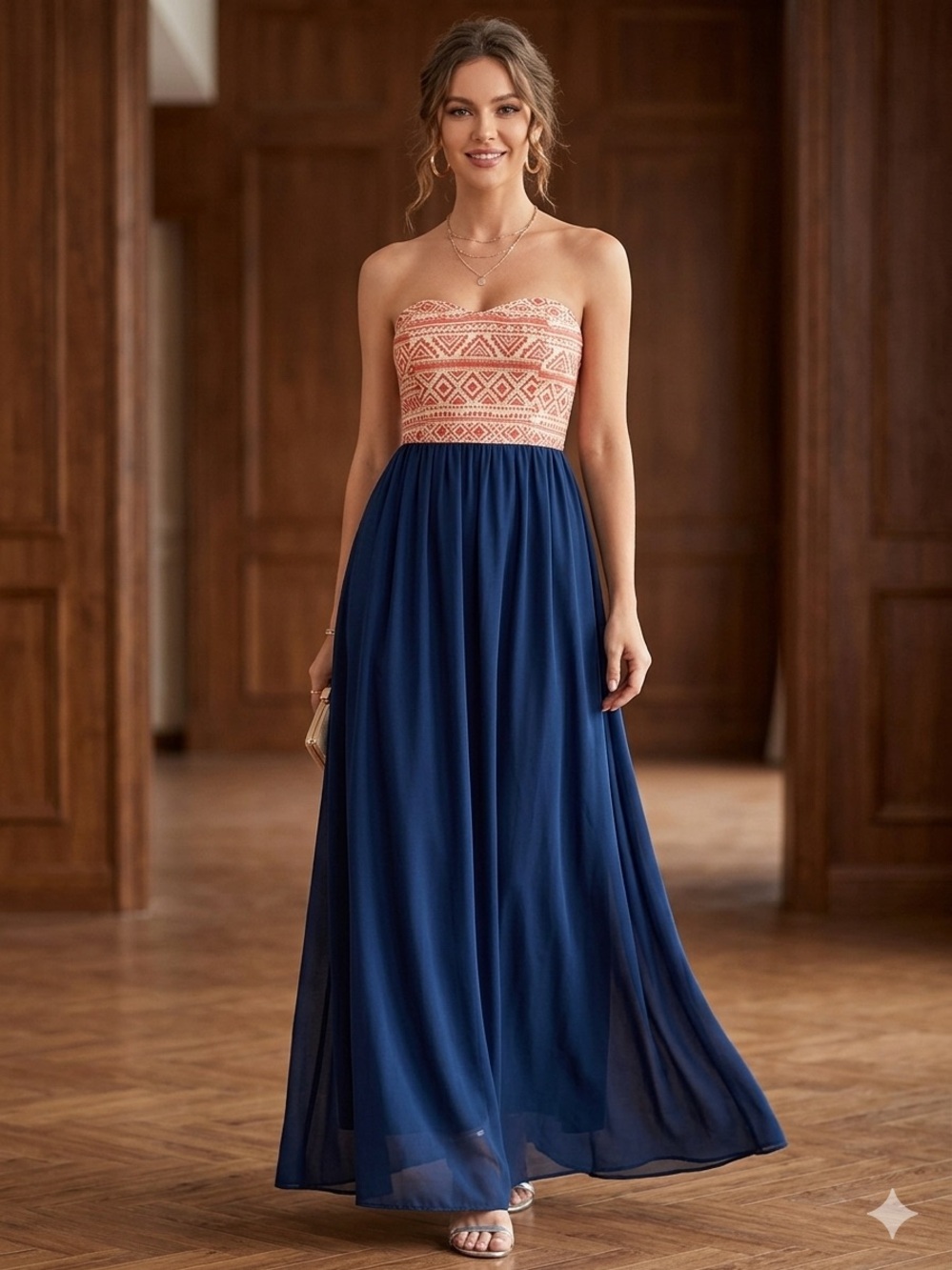Style Rack Strapless Maxi Dress in Navy Patterned Bodice